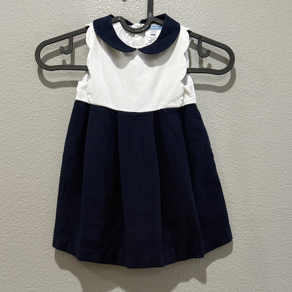 Jacadi White Navy Blue Skirt Collar Scalloped Detail Nautical Dress Size 24 M